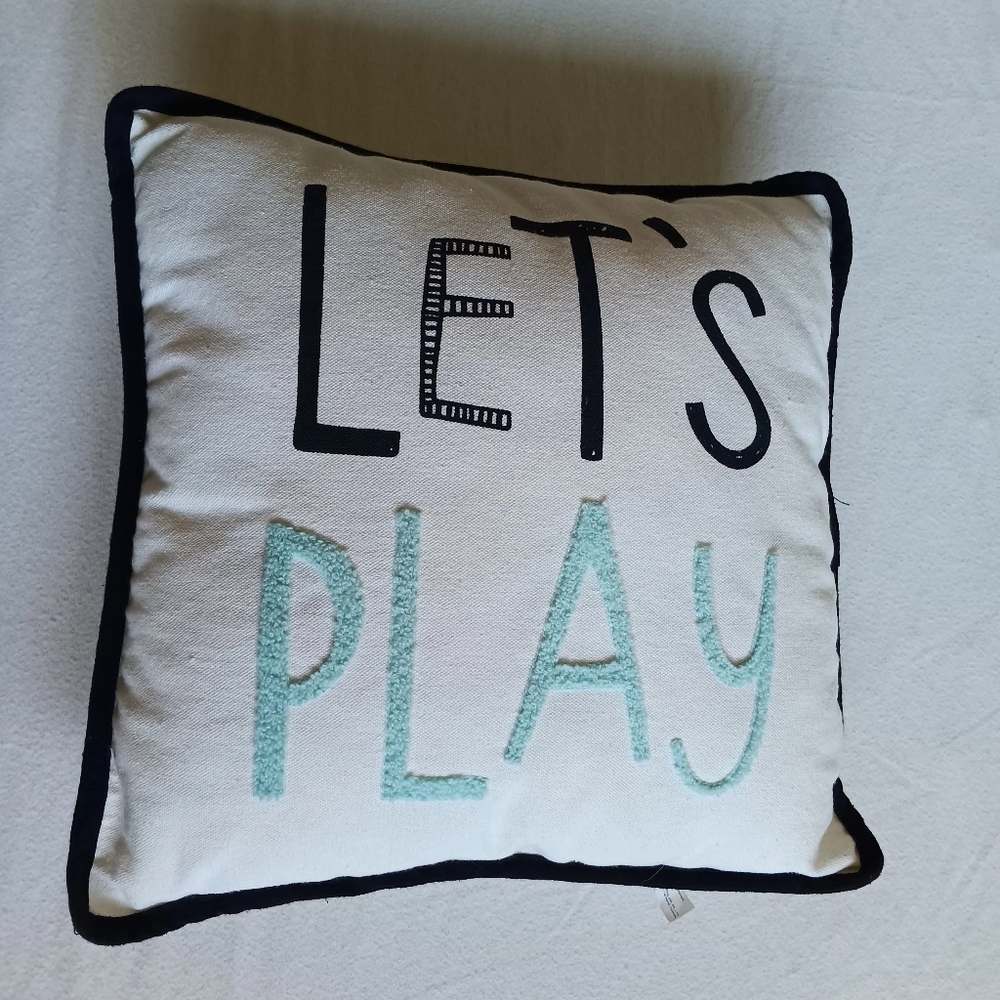 "Let's Play" Accent Pillow - Teal & Black with Star Pattern Reverse Play Room